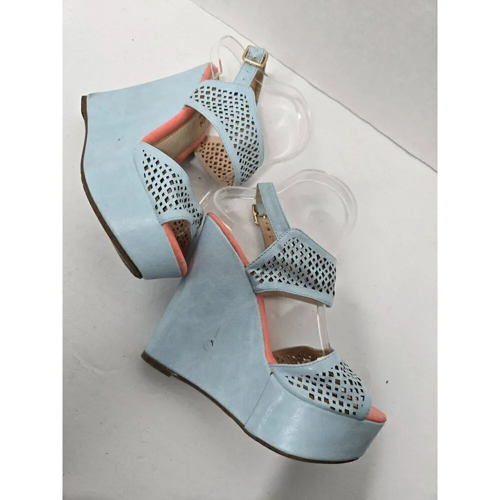 Pastel Blue Platform Wedge Cut Out Sandals size 7